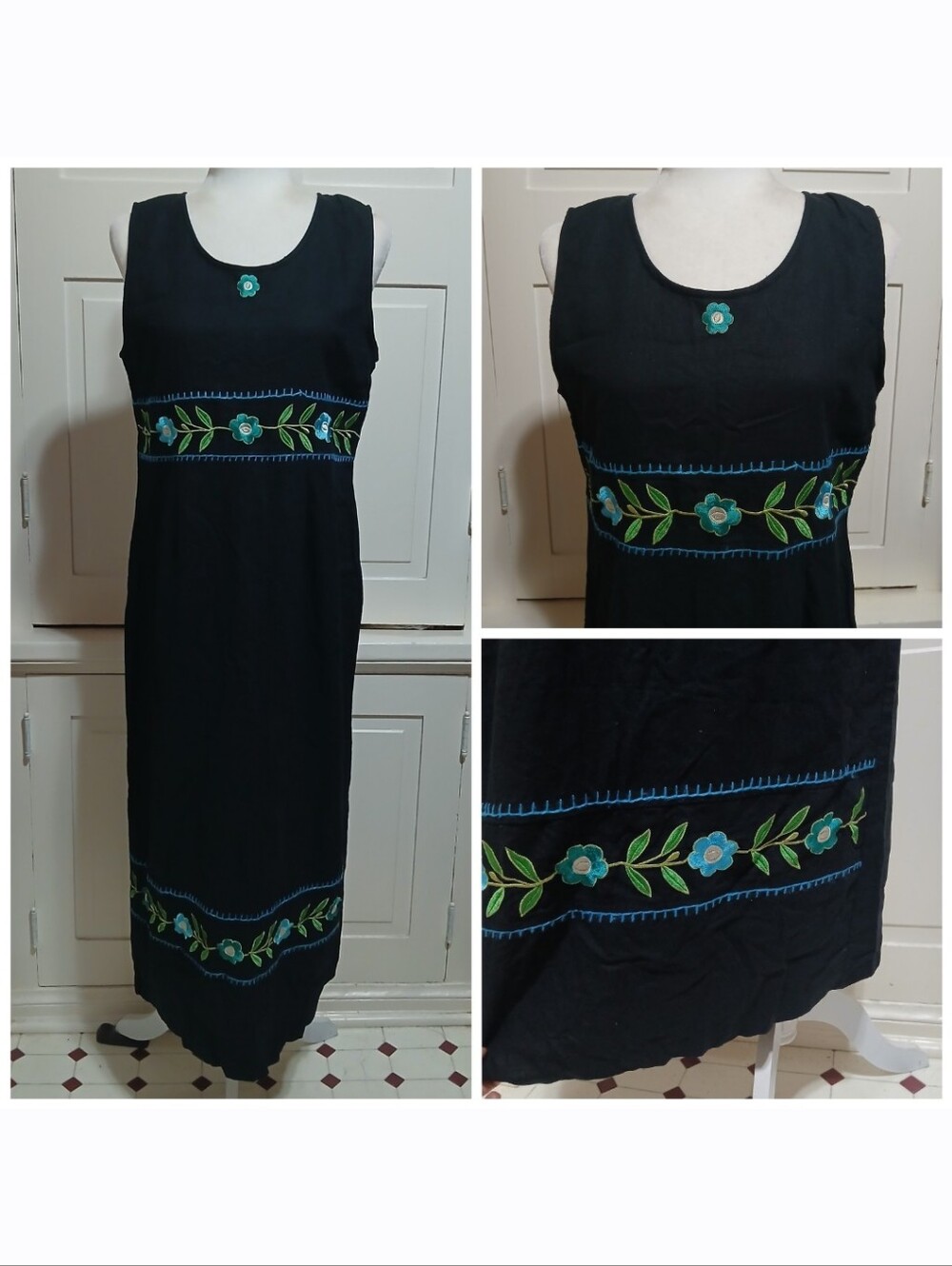 Vintage Country Wear Casuals 55% Linen Size M Black Embroidered Maxi Boho Dress